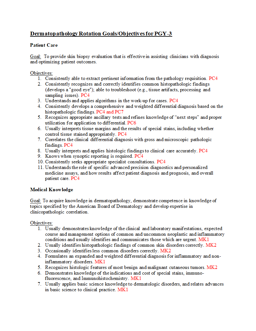Dermatopathology Rotation Goals/Objectives for PGY-3 Patient Care Goal: To provide skin biopsy evaluation that is effective in assisting clinicians wi