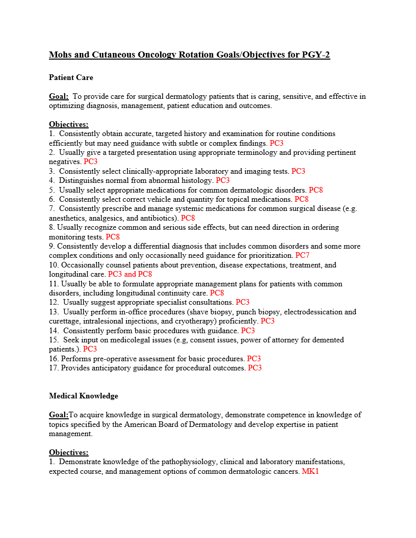 Mohs and Cutaneous Oncology Rotation Goals/Objectives for PGY-2 Patient Care Goal: To provide care for surgical dermatology patients that is caring, s