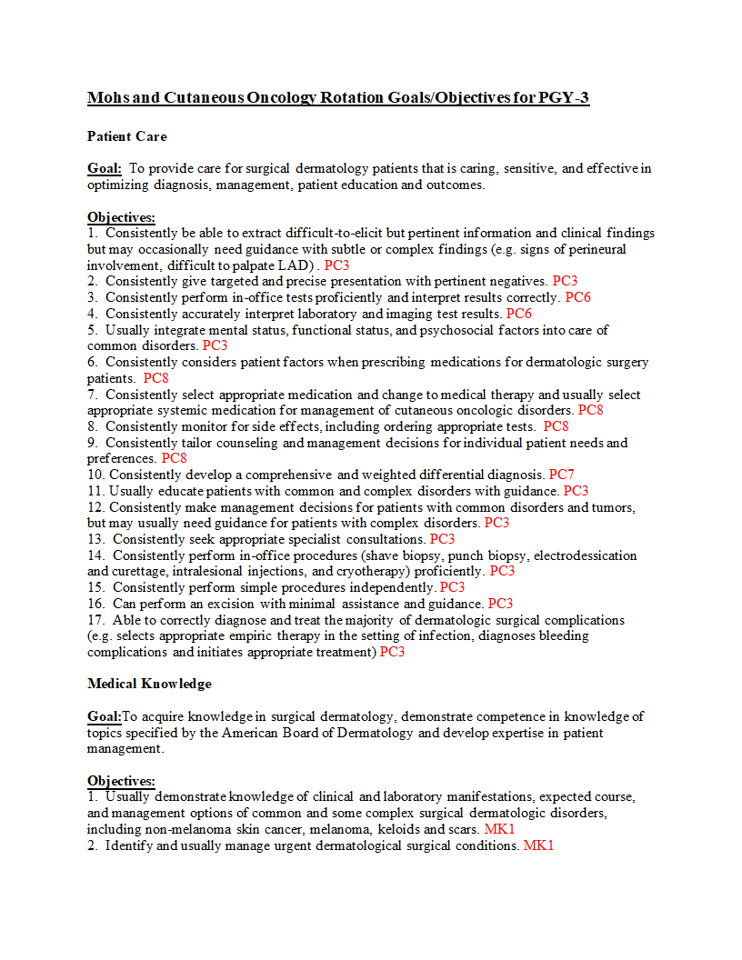 Mohs and Cutaneous Oncology Rotation Goals/Objectives for PGY-3 Patient Care Goal: To provide care for surgical dermatology patients that is caring, s