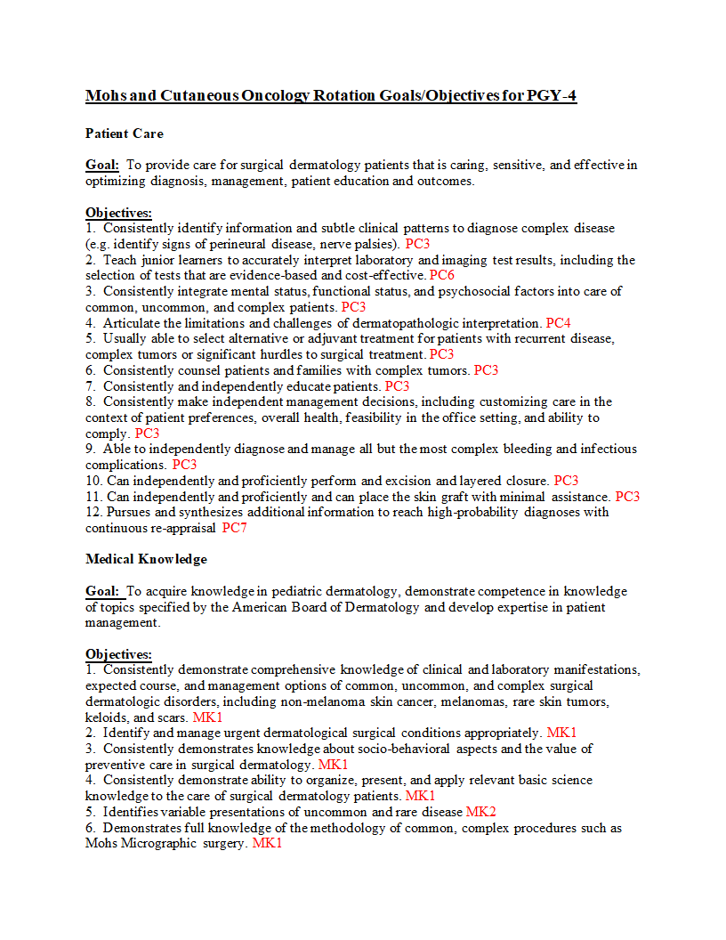Mohsand Cutaneous Oncology Rotation Goals/Objectives for PGY -4 Patient Care Goal: To provide care for surgical dermatology patients that is caring, s