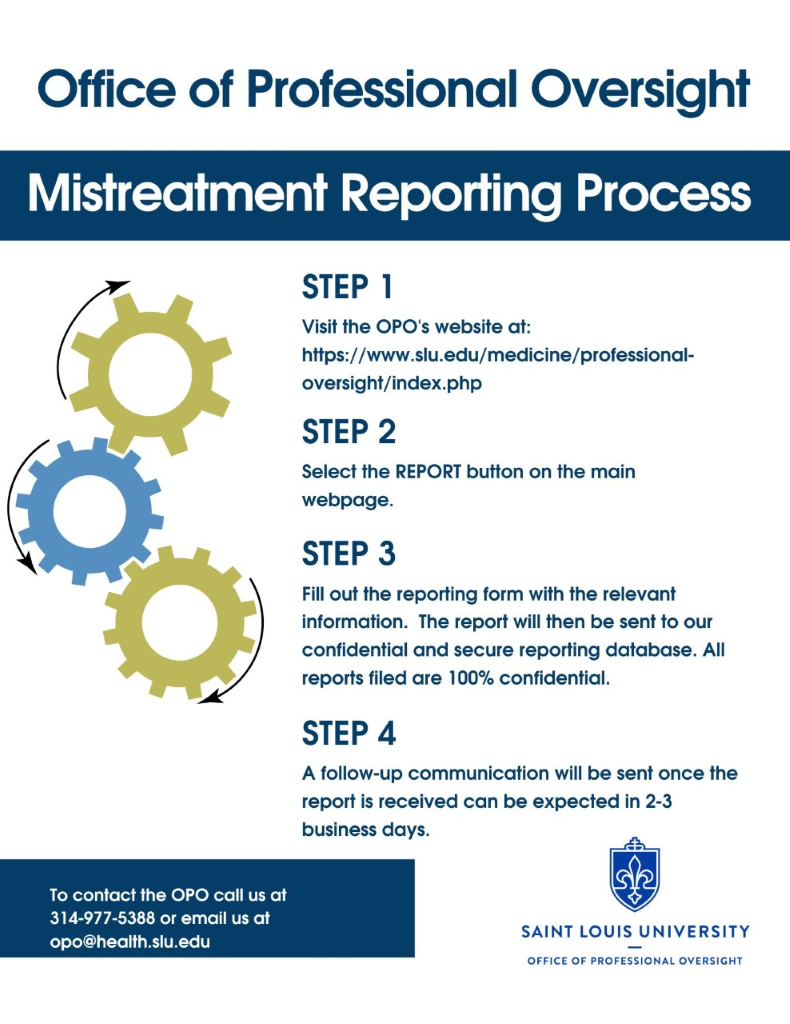 Office of Professional Oversight Mistreatment Reporting Process STEP 1 Visit the OPO's website at: https://www.slu.edu/medicine/professional- oversigh