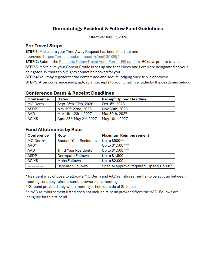 Dermatology Resident & Fellow Fund Guidelines Effective: July 1ª, 2026 Pre-Travel Steps STEP 1: Make sure your Time Away Request has been filled out a