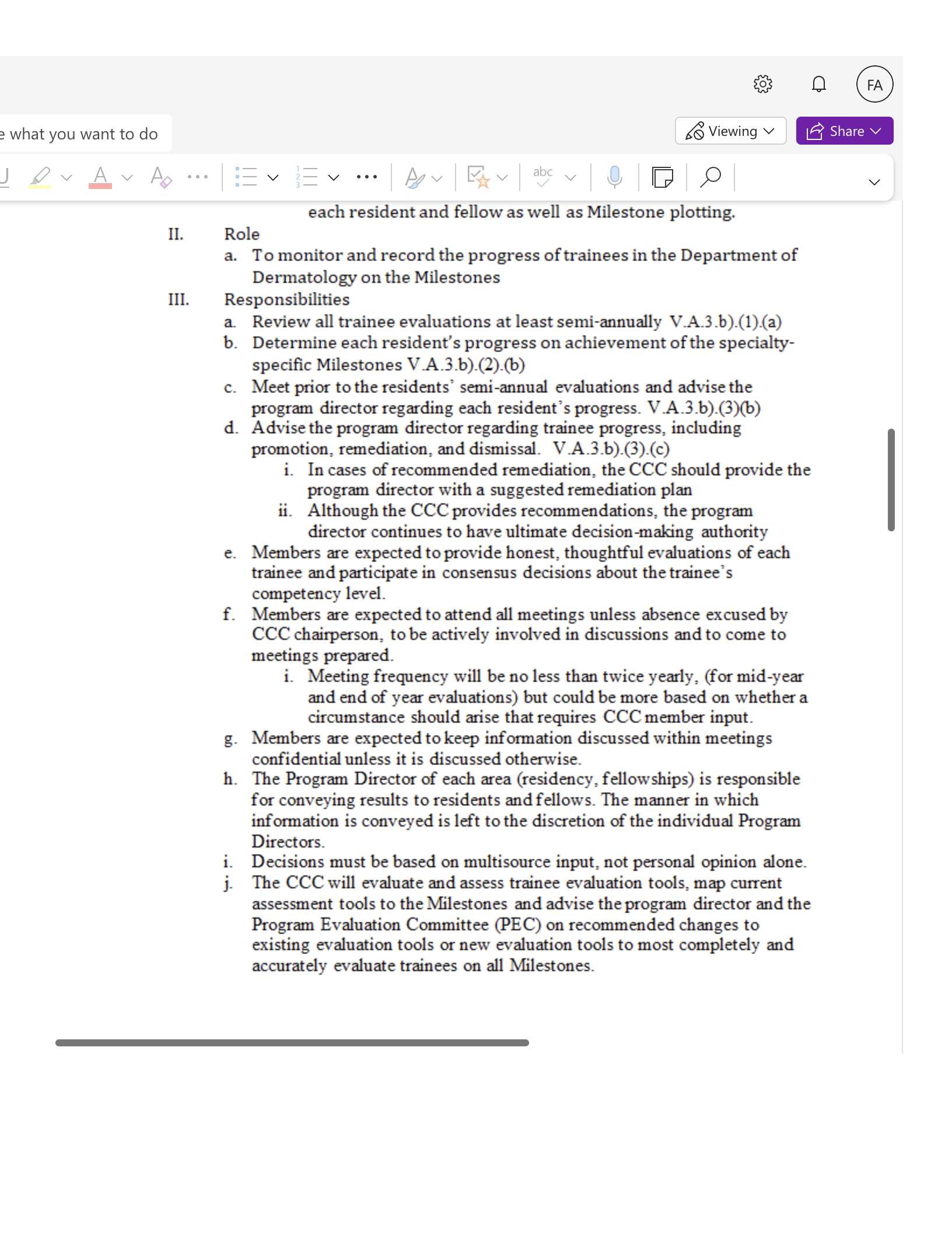 e what you want to do So Viewing v 5 A FA LE Share v each resident and fellow as well as Milestone plotting. II. Role a. To monitor and record the pro