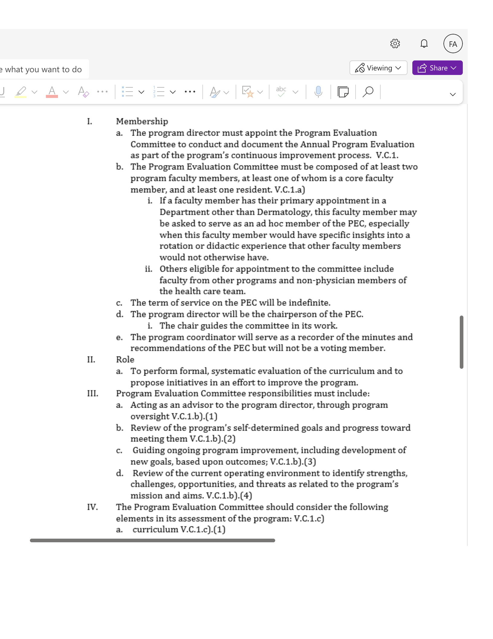 e what you want to do I. II. III. IV. So Viewing v (FA LE Share v V Membership a. The program director must appoint the Program Evaluation Committee t