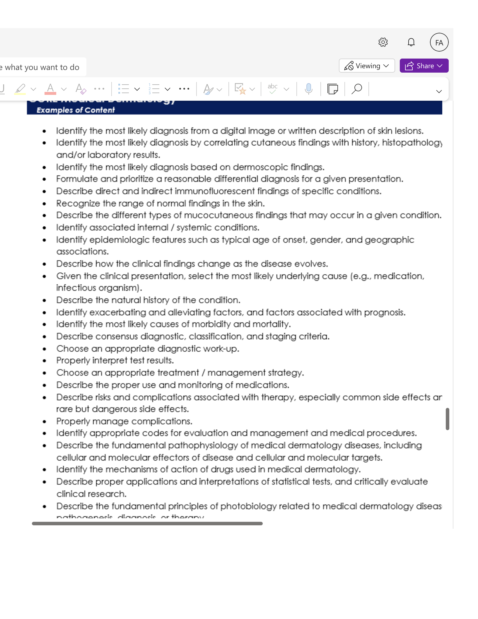 e what you want to do So Viewing v (FA LE Share V V Examples of Content • Identify the most likely diagnosis from a digital image or written descripti