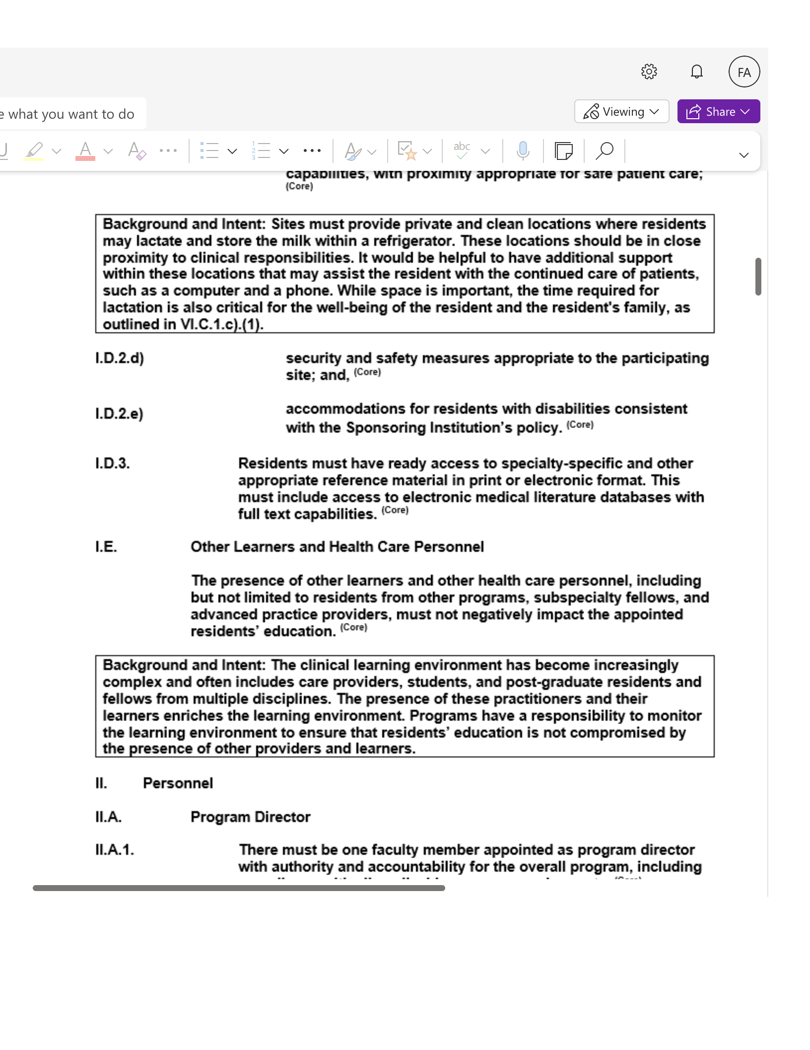 e what you want to do So Viewing V FA LE Share V V individuals underrepresented in medicine and medical leadership in accordance with the Sponsoring
Text from this document (searchable)
e what you want to do
So Viewing V
FA
LE Share V
V
individuals underrepresented in medicine and medical leadership in accordance with
[the Sponsoring Institution’s mission and aims.
I.D.
I.D.1.
I.D.1.a)
Resources
The program, in partnership with its Sponsoring Institution, must
ensure the availability of adequate resources for resident education.
(Core)
The program must provide equipment for taking and reviewing
I.D.1.b)
I.D.1.c)
laptop computer and digital projector, and a viewing room with a
projection screen. (Detail)
There must be adequate space available for didactic conferences.
(Detail)
There must be a sufficient number of adult and pediatric patients
to ensure adequate exposure to and education in medical,
pediatric, surgical, and procedural dermatology as evidenced by
residents reaching graduate-level milestones by the end of the
I.D. 1.d)
I.D.2.
I.D.2.a)
I.D.2.b)
There must be a sufficient number of dermatopathology
specimens available to and reviewed by residents to ensure
adequate exposure to and education in dermatopathology. (Core)
ensure neat, y and sate learning as Sponsore visitents that.
promote resident well-being and provide for:
access to food while on duty; (Core)
safe, quiet, clean, and private sleep/rest facilities available
and accessible for residents with proximity appropriate for
safe patient care; (Core)
Background and Intent: Care of patients within a hospital or health system occurs
Chair naal thie the damnia thank anterman thraid than us ont
![e what you want to do So Viewing v FA LE Share V capapites, win proximity appropriate tor sate patient care; (Core) Background and Intent: Sites must