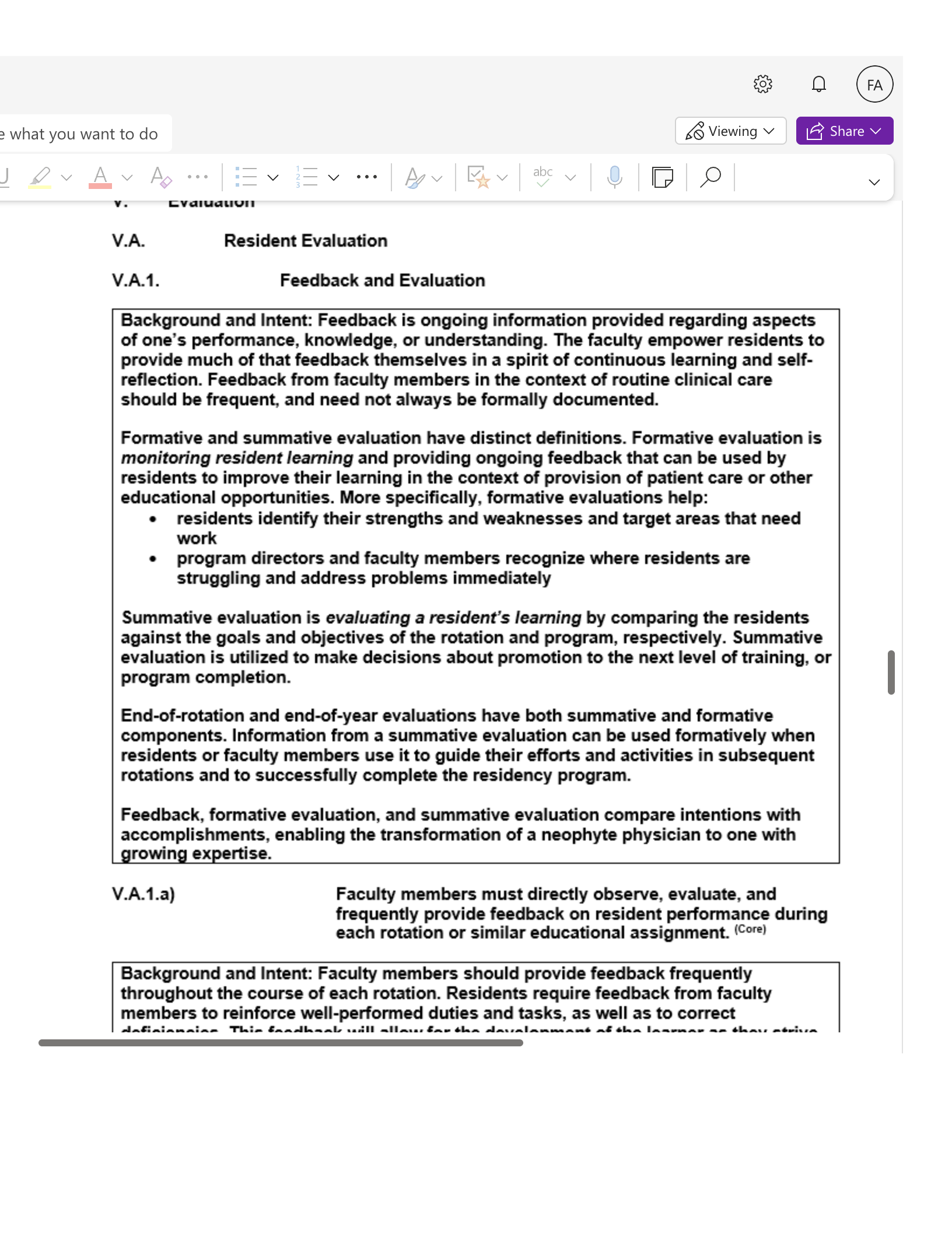 e what you want to do So Viewing V V... FA LE Share V V V. EValualUll V.A. Resident Evaluation V.A.1. Feedback and Evaluation Background and Intent: F