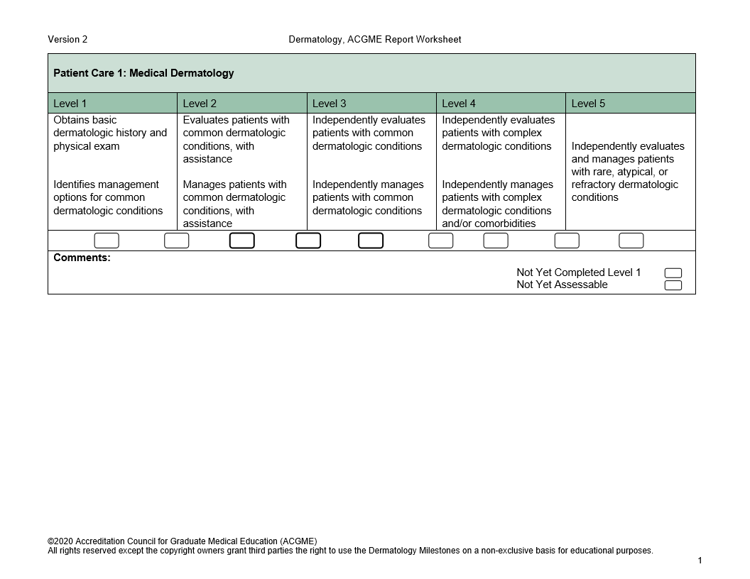 Version 2 Patient Care 1: Medical Dermatology Level 1 Obtains basic dermatologic history and physical exam Identifies management options for common de