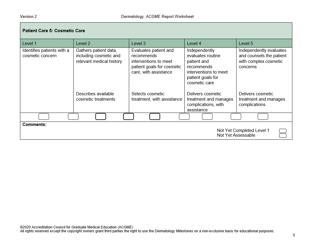 Version 2 Patient Care 5: Cosmetic Care Level 1 Identifies patients with a cosmetic concern Dermatology, ACGME Report Worksheet Level 2 Gathers patien