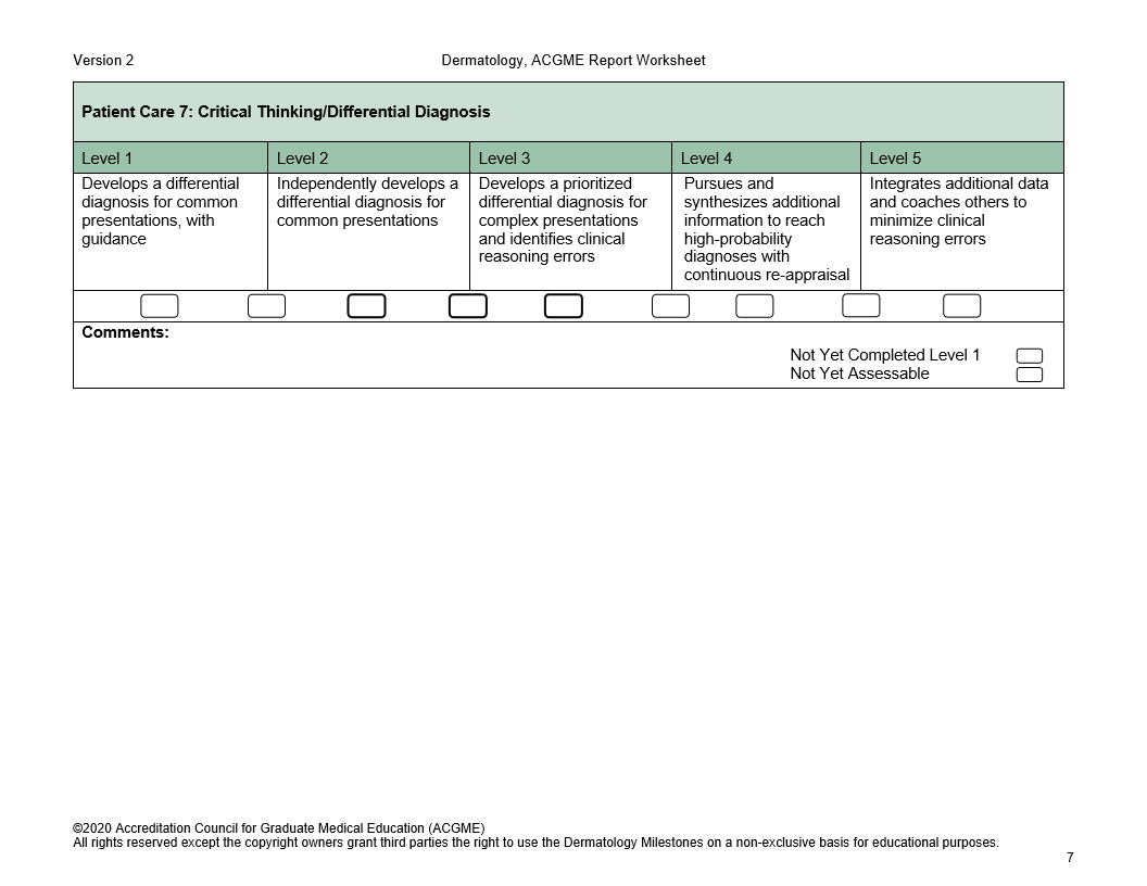 Version 2 Patient Care 7: Critical Thinking/Differential Diagnosis Level 1 Develops a differential diagnosis for common presentations, with guidance L