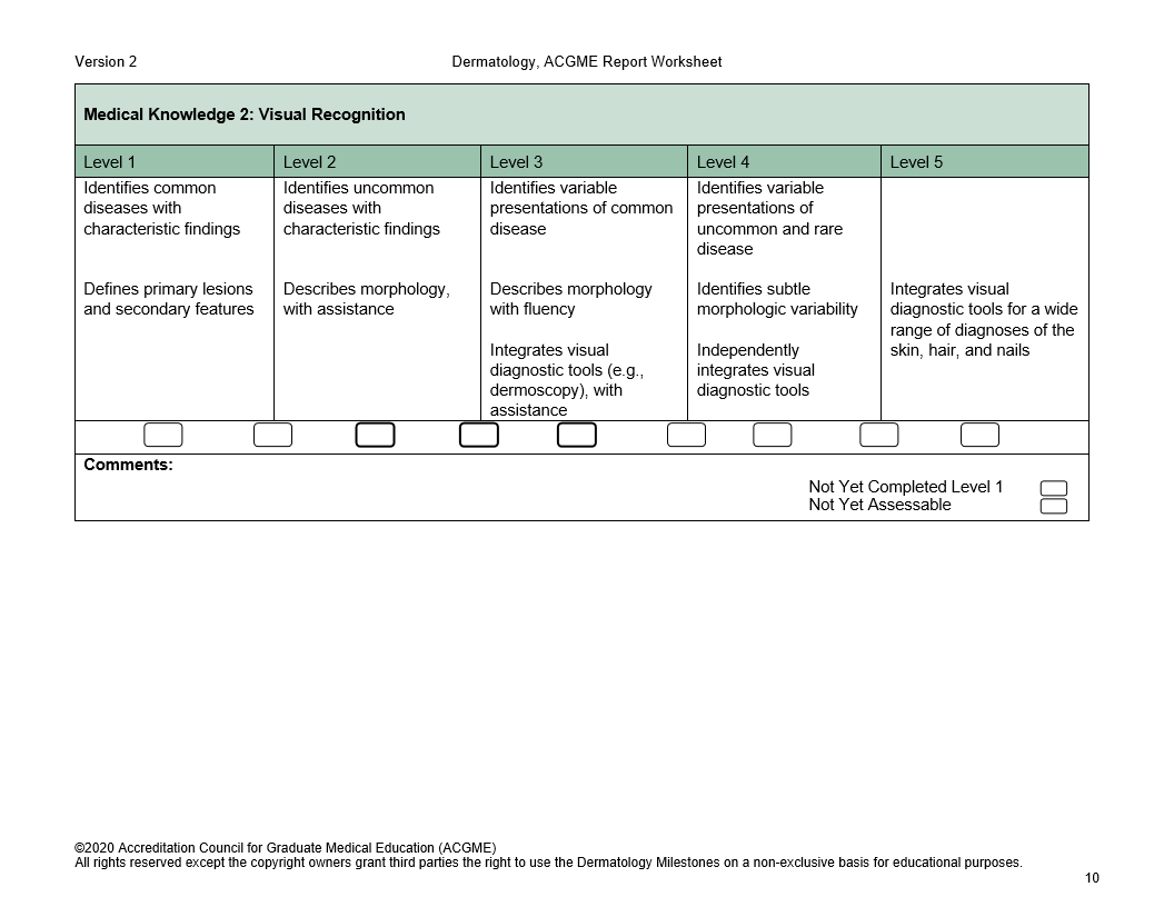 Version 2 Medical Knowledge 2: Visual Recognition Level 1 Identifies common diseases with characteristic findings Defines primary lesions and secondar