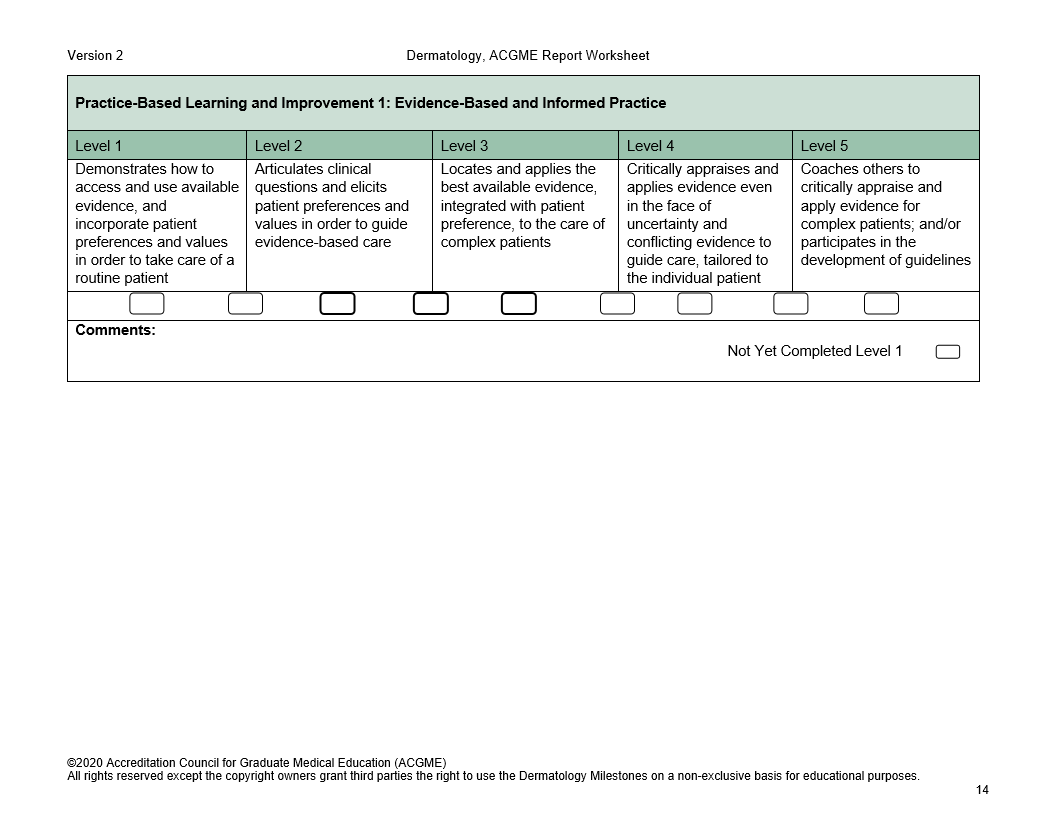 Version 2 Dermatology, ACGME Report Worksheet Practice-Based Learning and Improvement 1: Evidence-Based and Informed Practice Level 1 Level 2 Demonstr