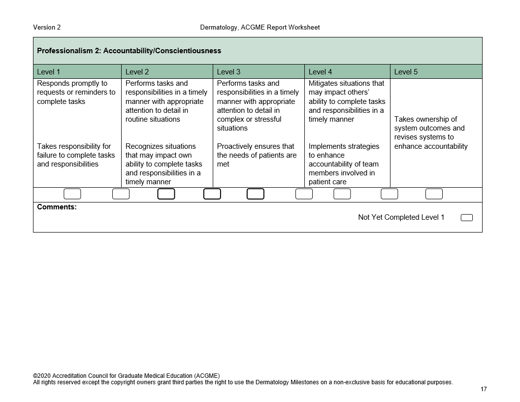 Version 2 Professionalism 2: Accountability/Conscientiousness Level 1 Responds promptly to requests or reminders to complete tasks Takes responsibilit