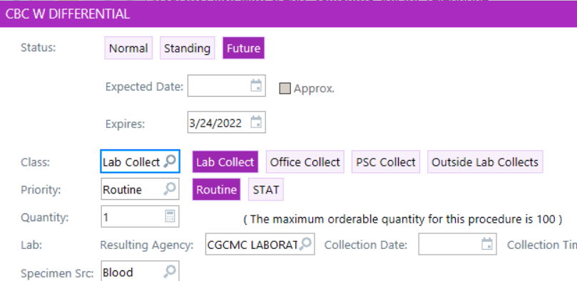 CBC W DIFFERENTIAL Status: Class: Priority: Quantity: Lab: Normal Standing Future Expected Date: • Approx. Expires: 3/24/2022 Lab Collect O Lab Collec