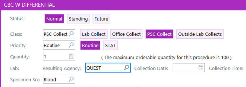 CBC W DIFFERENTIAL Status: Class: Priority: Quantity: Lab: Normal PSC Collect P Routine Resulting Agency: Specimen Src: Blood Standing Future Lab Coll