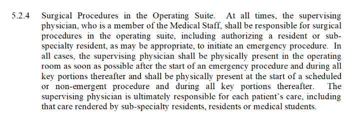 5.2.4 Surgical Procedures in the Operating Suite. At all times, the supervising physician, who is a member of the Medical Staff, shall be responsible 