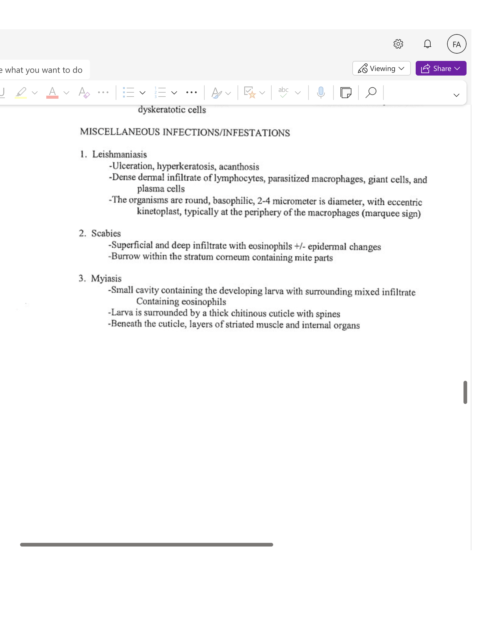 e what you want to do So Viewing v FA L Share v dyskeratotic cells MISCELLANEOUS INFECTIONS/INFESTATIONS 1. Leishmaniasis -Viceration, hyperkeratosis,