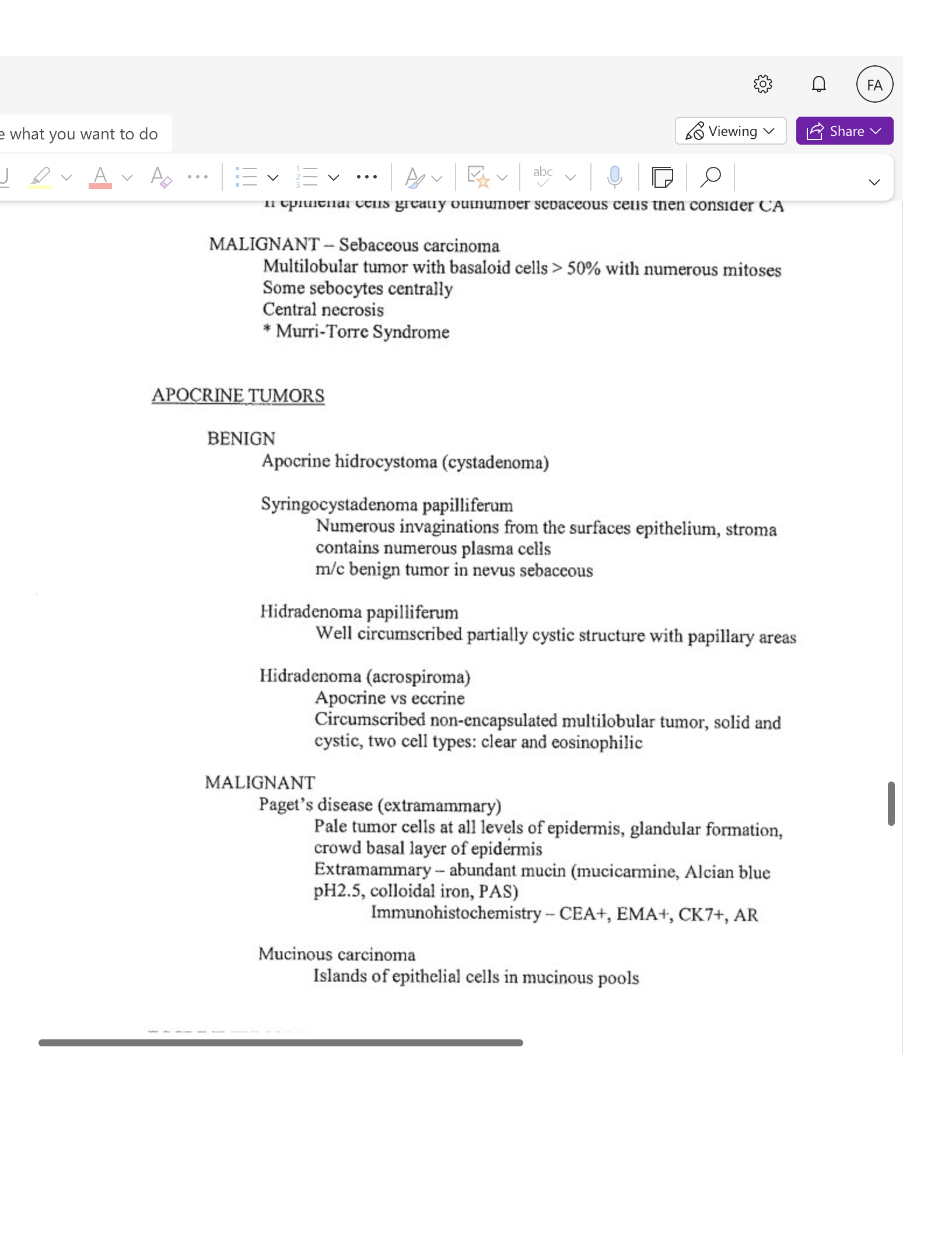 e what you want to do So Viewing v FA LE Share V V AVA V EN v D O u opena cous grcauy oumumoer scoaceous cels then consider CA MALIGNANT - Sebaceous c